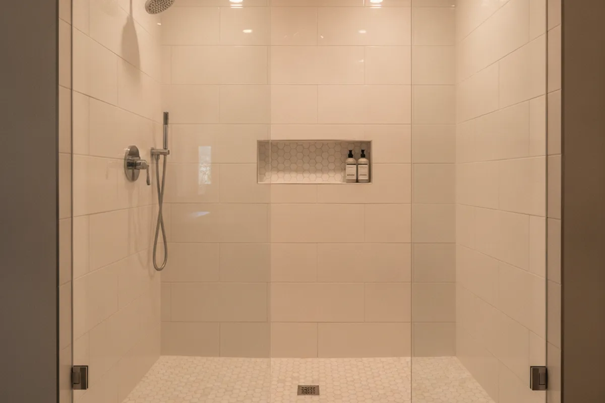 A tiled walk-in shower in a San Diego home with large-format porcelain wall tile and a mosaic floor