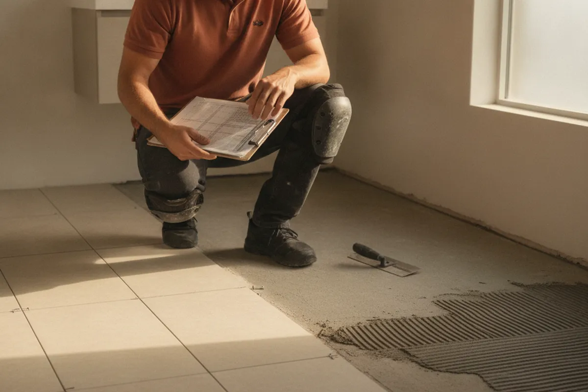 A San Diego bathroom mid-installation showing tile set on the floor with tile spacers in place and grout not yet applied