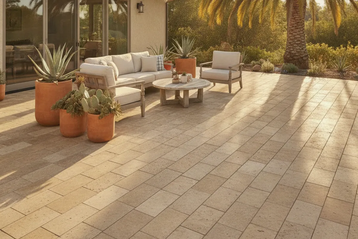 A San Diego backyard patio with large-format porcelain outdoor tile extending from sliding glass doors to a pool deck