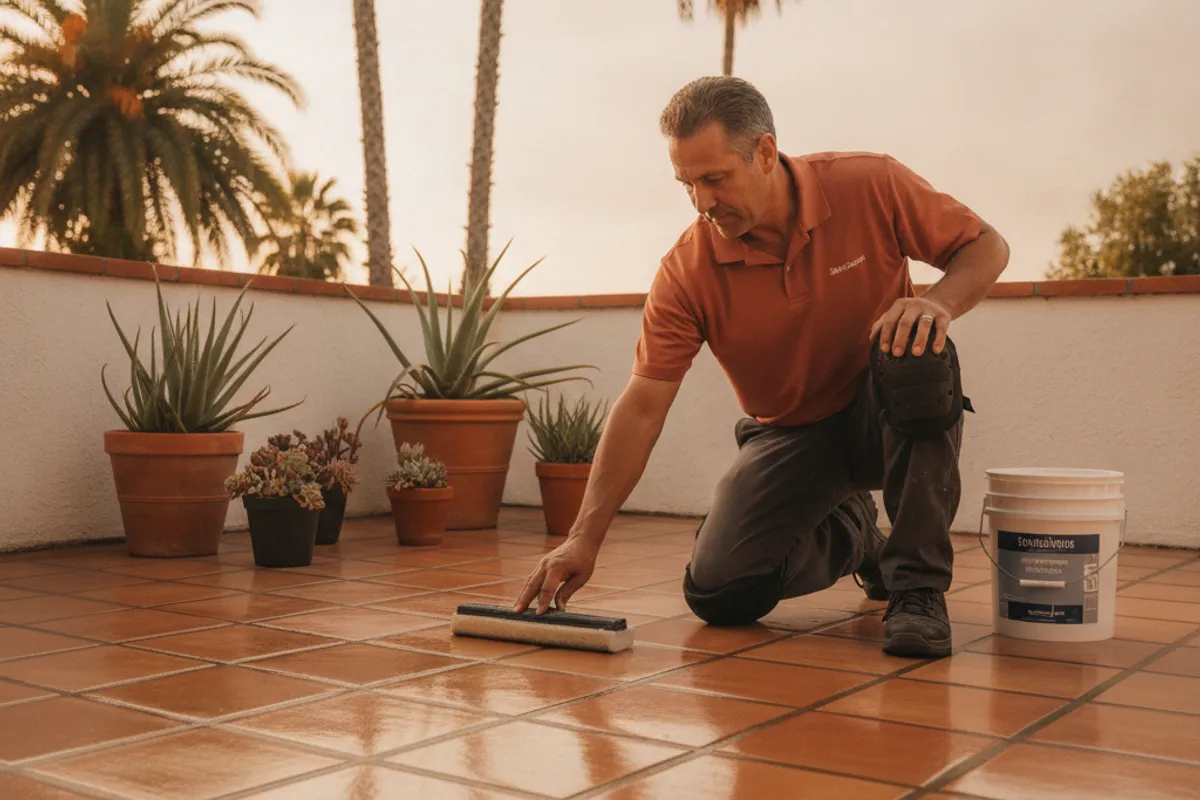 Warm terracotta Saltillo tile floor in a San Diego Spanish colonial home entry with sunlight reflecting off the sealed surface