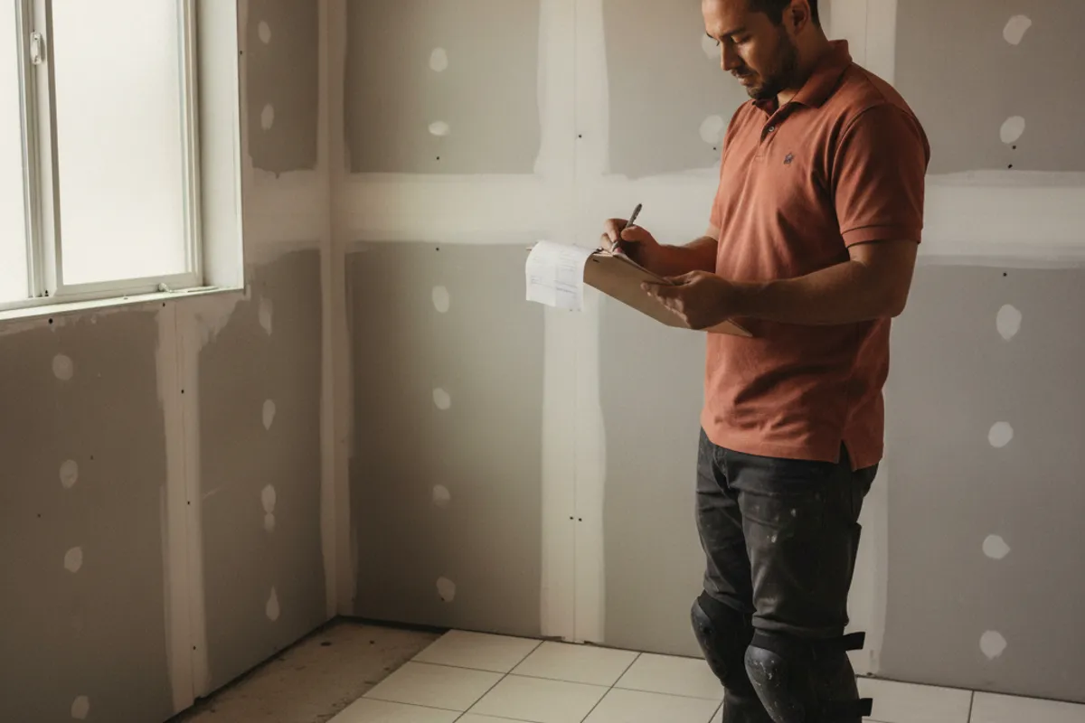 A tile installer spreading thinset mortar on a San Diego bathroom floor before setting porcelain tile