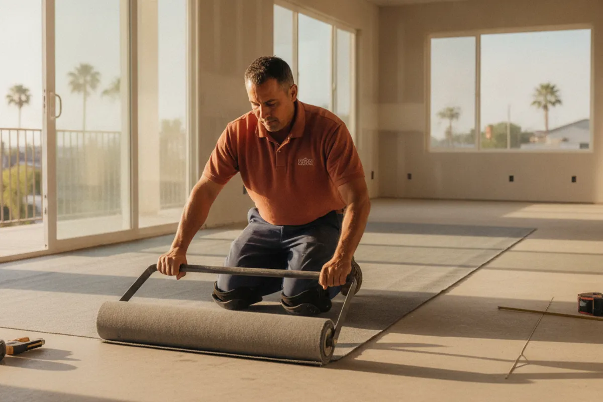 A San Diego concrete slab floor with visible hairline cracks before tile installation and crack isolation membrane application
