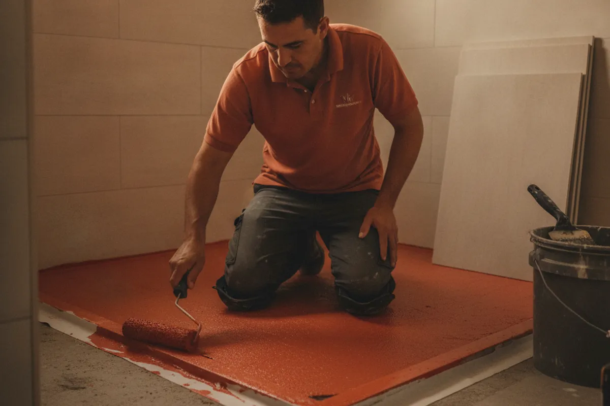 A San Diego bathroom shower under construction showing waterproof membrane applied to cement board walls before tile installation