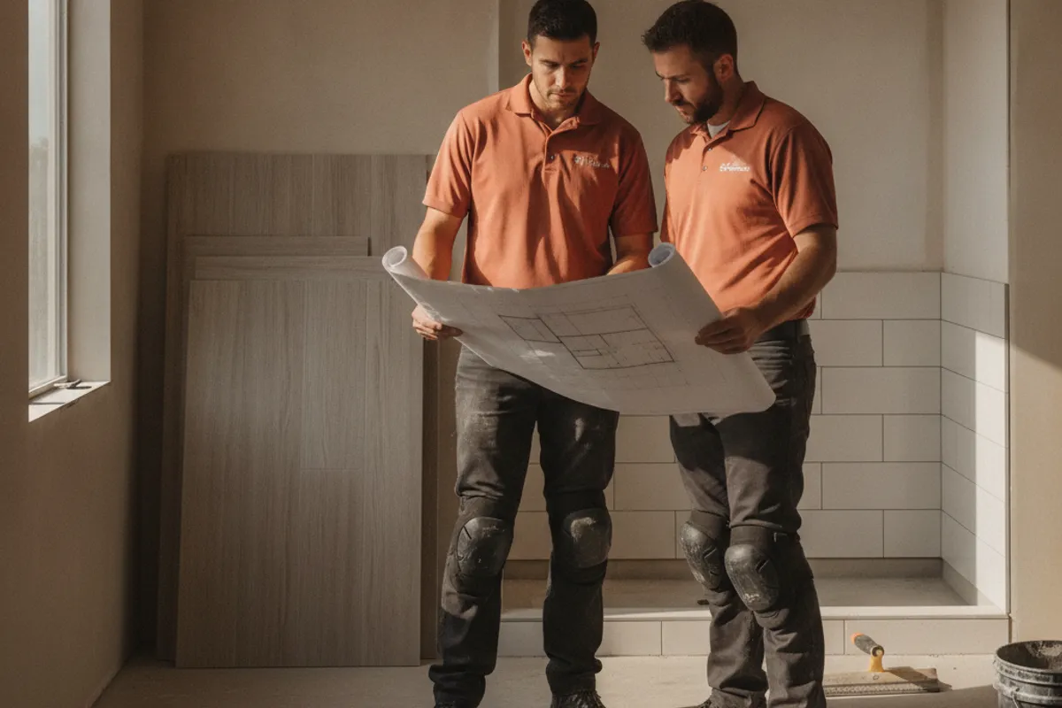 Homeowner and a local tile setter reviewing tile samples and a layout plan for a San Diego County bathroom renovation.