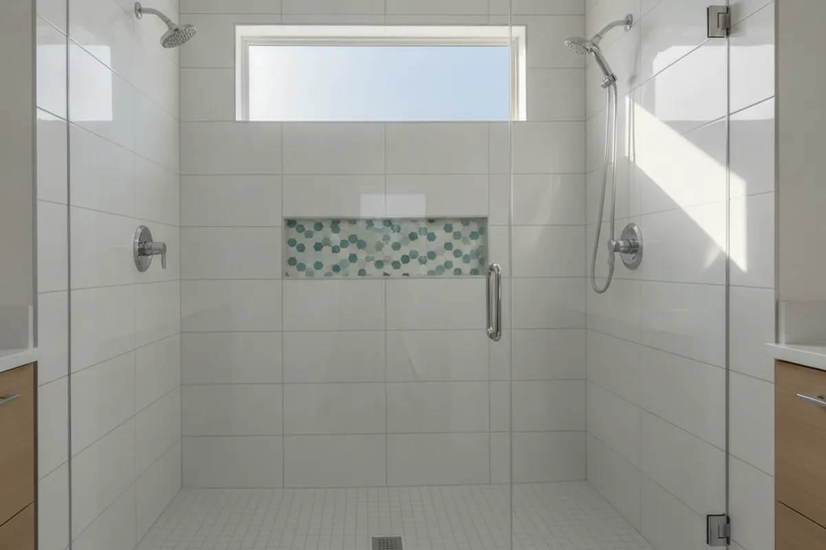 Insured local tile setter laying large-format porcelain floor tile in a San Diego County home bathroom.