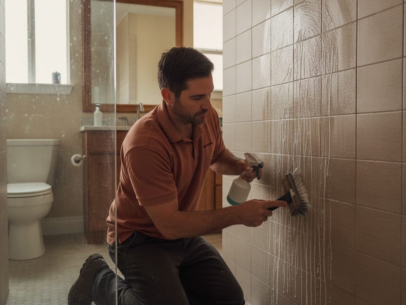 Homeowner applying fresh grout to bathroom floor tile with a rubber grout float