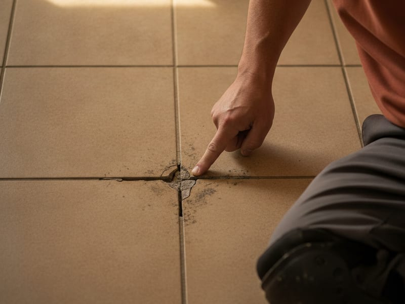 Homeowner carefully chiseling out a cracked bathroom floor tile to prepare for replacement