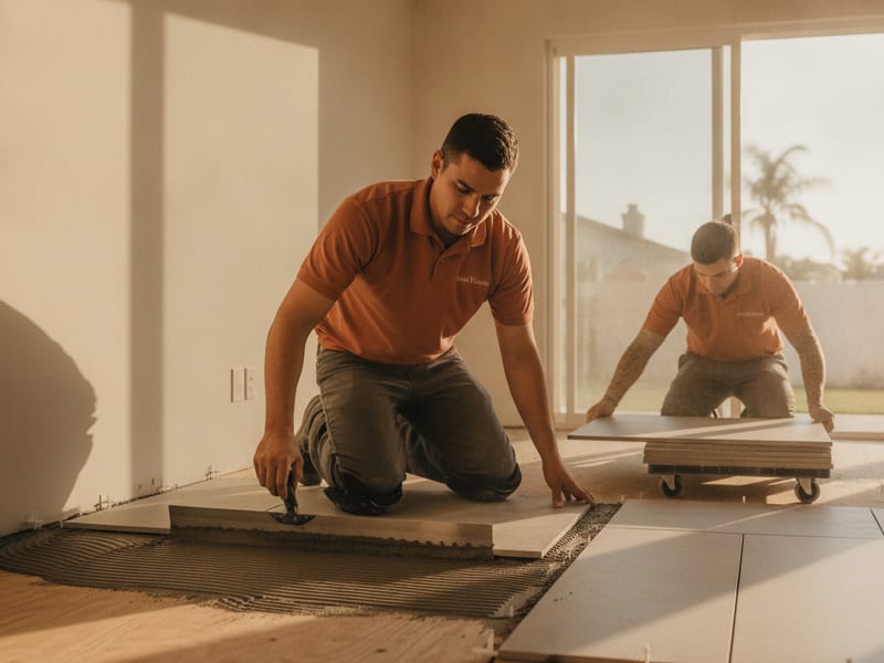 Insured tile setter laying large-format porcelain floor tile in a San Diego County home with grout lines aligned