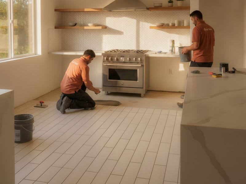 Large-format porcelain floor tile installation in a San Diego County kitchen with backsplash tile visible on the wall behind the range