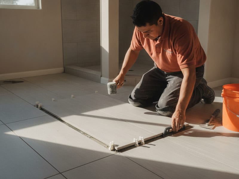 Large-format 24-by-48 porcelain tile installation in a San Diego County home with lippage control clips visible between tile edges