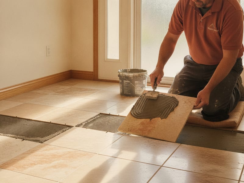 Natural travertine tile being installed in a San Diego County bathroom with crack-isolation membrane visible at the subfloor