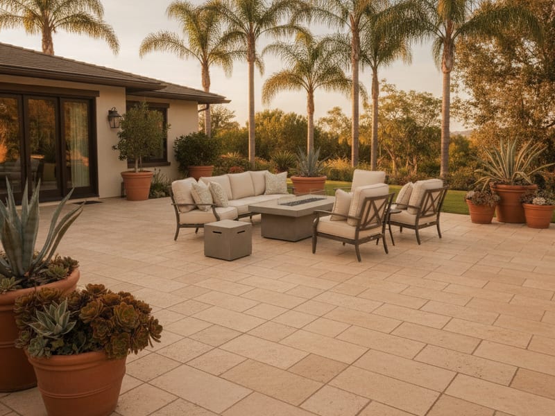 Outdoor patio tile installation at a San Diego County home with porcelain deck tile surrounding a pool and leading to the back door