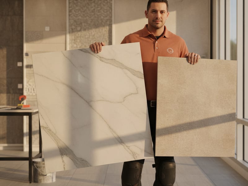 Installer setting large-format rectified porcelain tile on a San Diego County bathroom floor with lippage clips in place