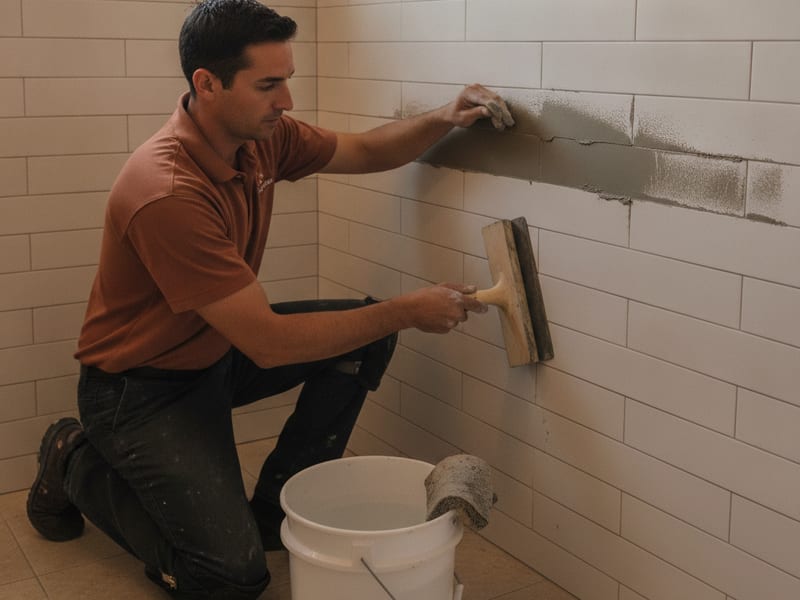 Tile setter applying fresh grout to a bathroom tile floor in a San Diego County home after removing old cracked grout