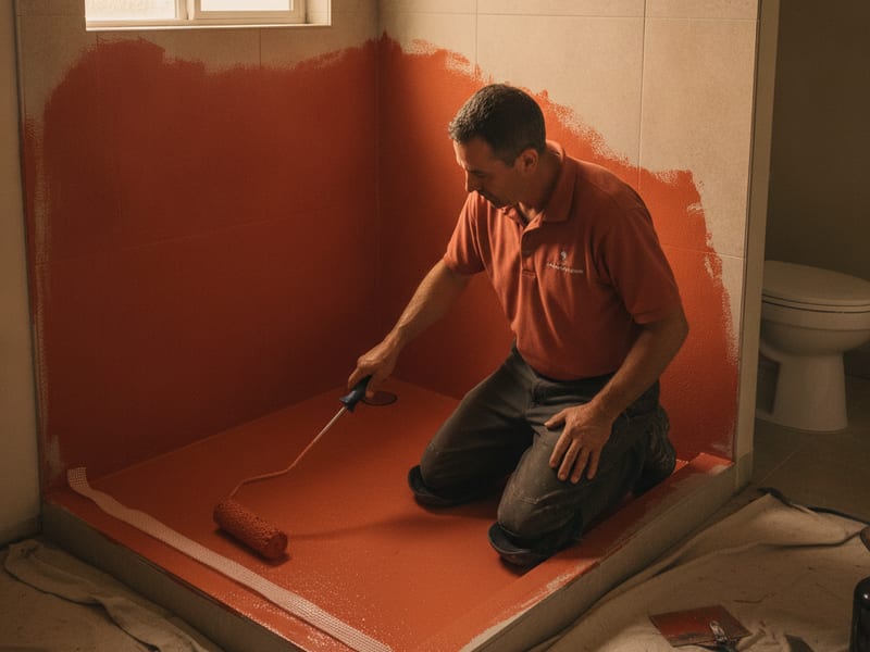Liquid-applied waterproofing membrane being applied to a shower pan and wall in a San Diego County bathroom before tile installation